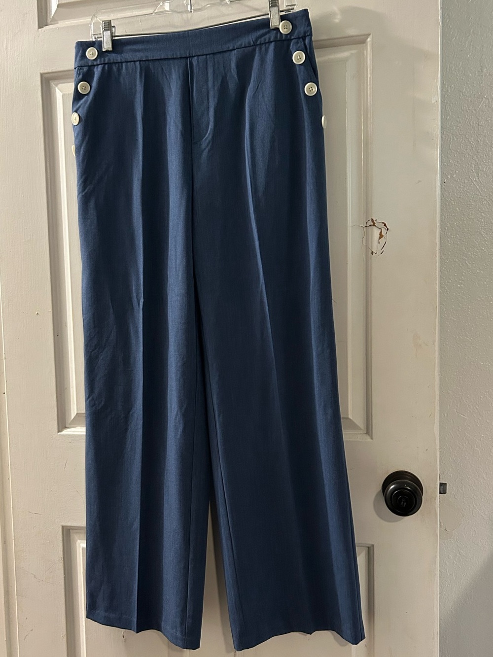High-Rise Navy Wide Leg Pants with Button Accent